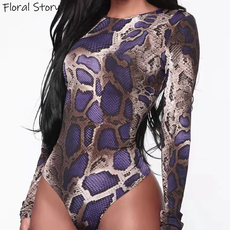 

Snake Print Bodysuit,Long Sleeves Elegant Playsuit,Animal Printed Rompers,Round Neck Hollow Out Sexy Jumpsuit,Woman's Clothing