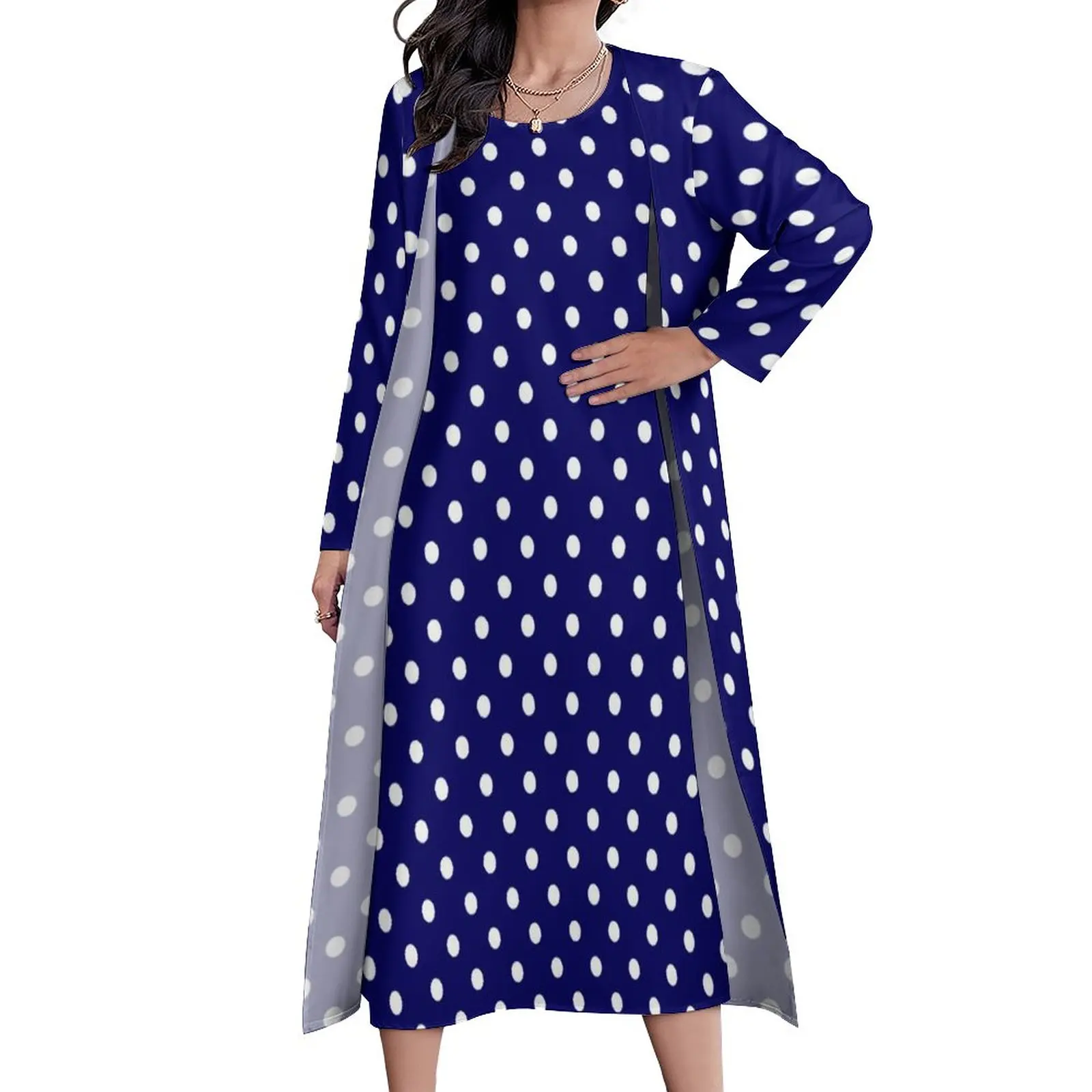 

Blue Polka Dots Dress Long Sleeve Vintage Polka Dot Street Fashion Boho Beach Long Dresses Women Night Club Maxi Dress Present