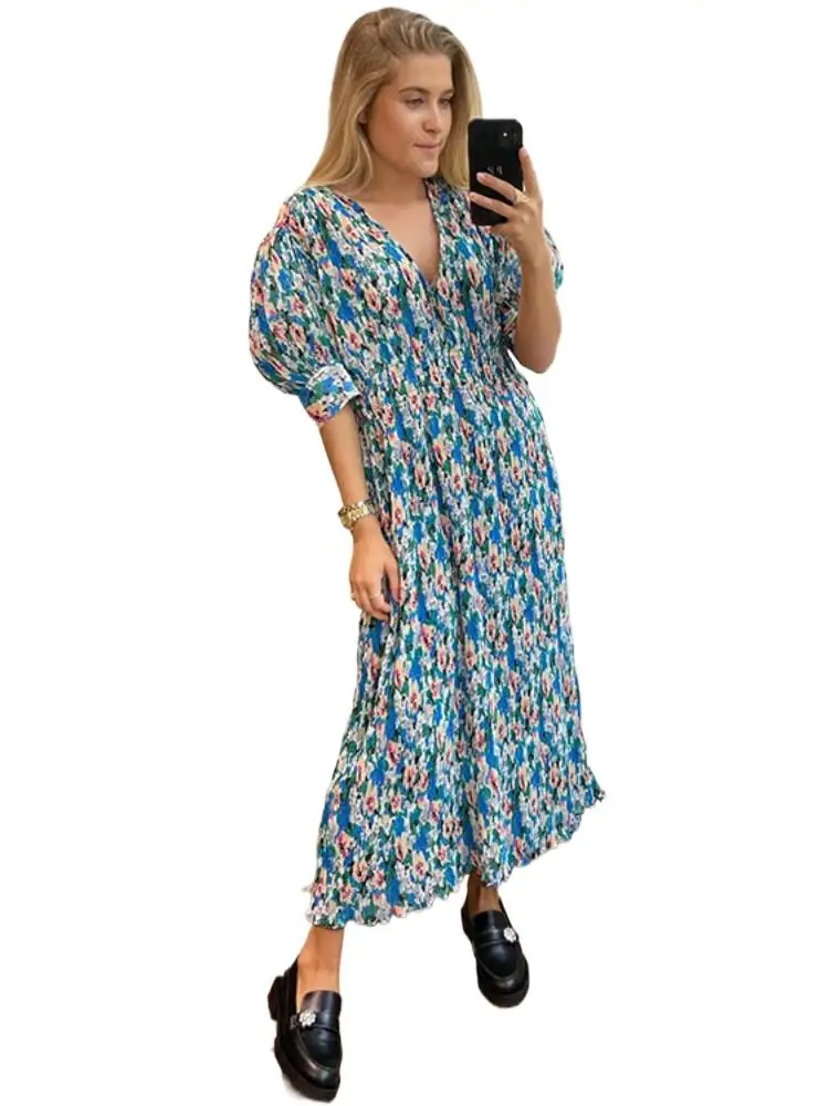 

Модное Длинное Платье Макси, Элегантное синее платье с принтом во французском стиле, Брендовое Плиссированное праздничное платье с принтом, платья 3XL, 4XL