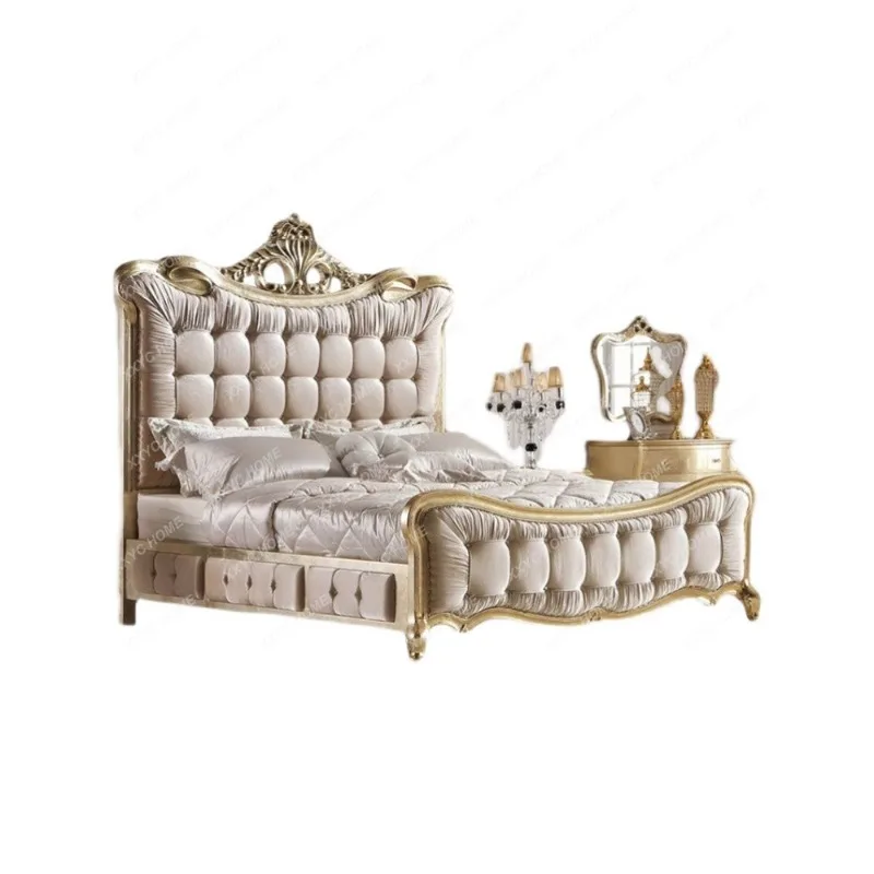 

French Carved Light Luxury European Style Solid Wood Bed Retro Distressed Bed Solid Wood Court Marriage Bed