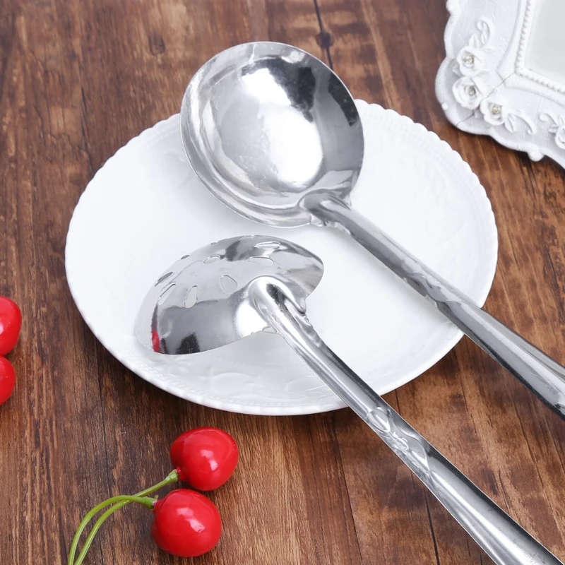 2Pcs Stainless Steel Large Soup Spoon Ladle Skimmer Colander Filter Kitchen Tool