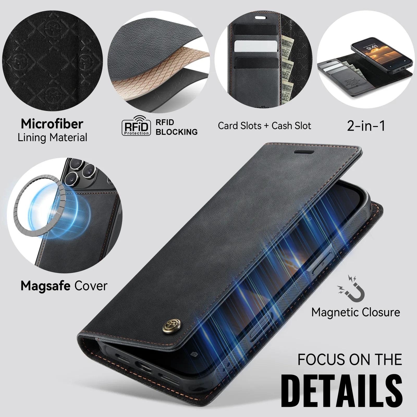 Premium Detachable Magnetic Leather Phone Wallet and Card Holder Case