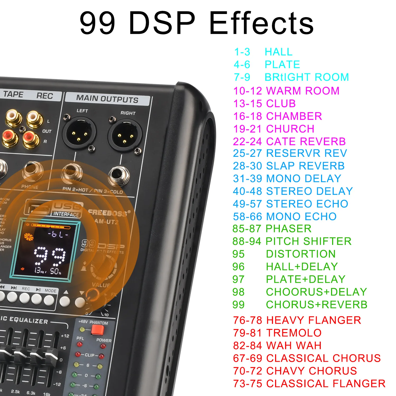 6 Mono Channel Mixing Console Monitor 99 DSP Effect Bluetooth Audio Table 7 Band EQ USB Record Sound Mixer Desk AM-UT2 audio mixer