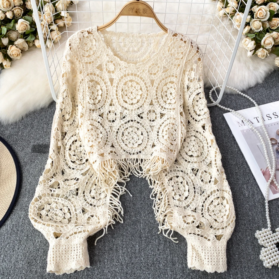 

Ethnic style tassel pullovers women hook flower hollow out lace tops bat sleeve short shirts