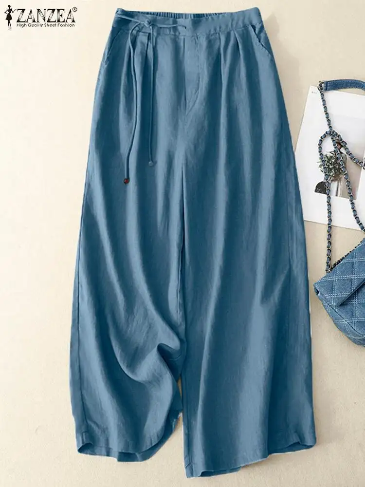 

ZANZEA Woman Fashion Long Pant Vintage Wide Leg Pants Autumn Casual Pleated Solid Trousers Female Elegant Pantalon Oversize 2023