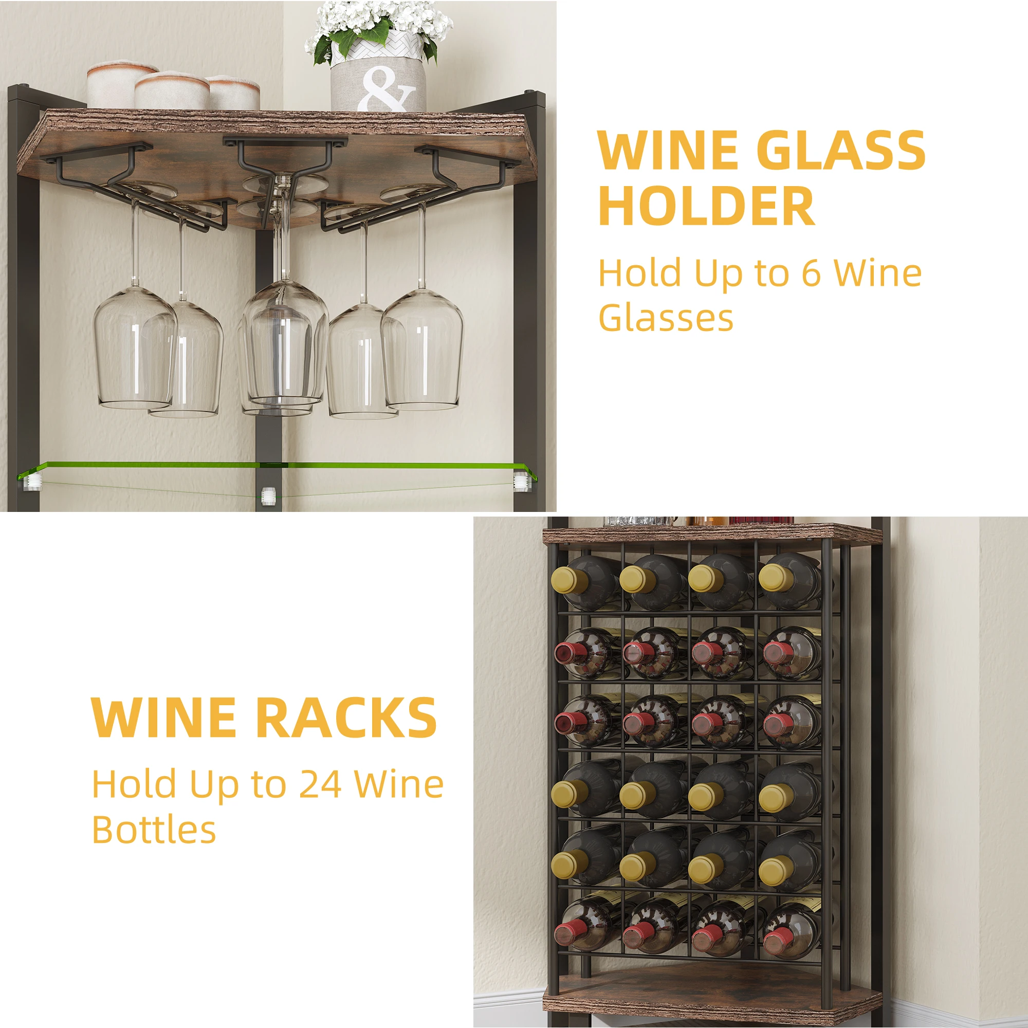 4-Tier Corner LED Wine Rack with Glass Holder & Shelves Industrial Bar Cabinet