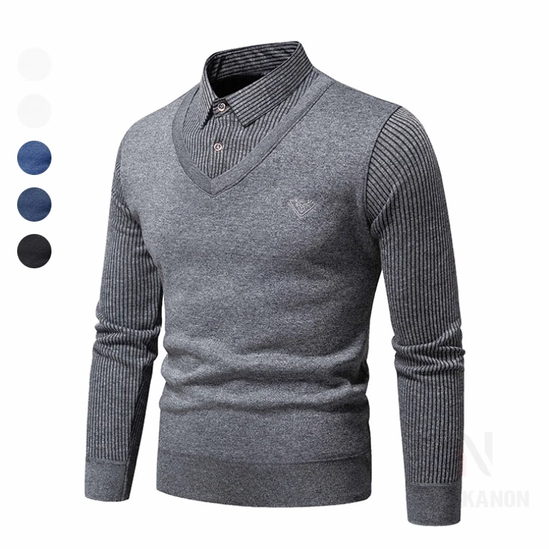 

Men's False Two Pieces Sweater Fleece-lined Slim Fit Polo Collar Knitted Bottoming Shirt Thickened Warm, Autumn Winter Classic