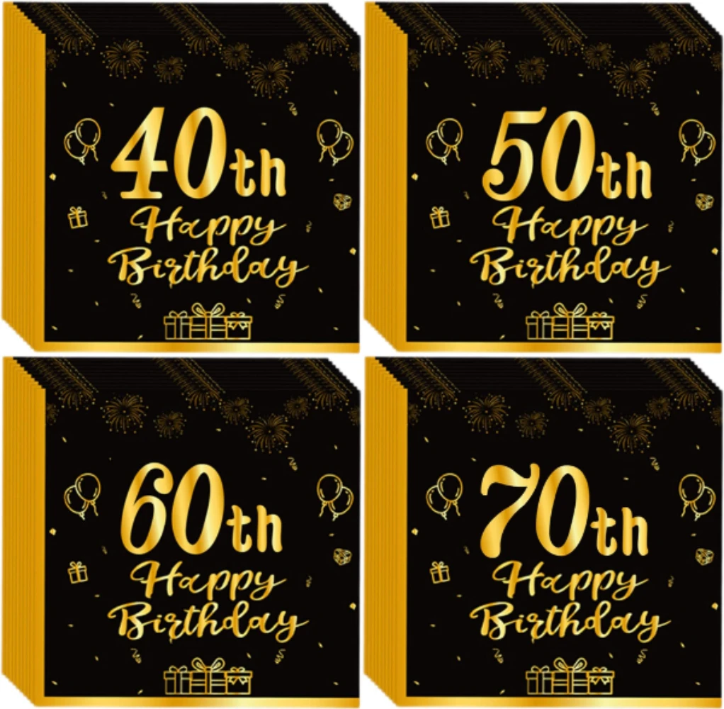 

20Pcs Happy 40th 50th 60th 70th Birthday Paper Napkins Black Gold Happy Birthday Napkins Birthday Decorations Paper Tissues