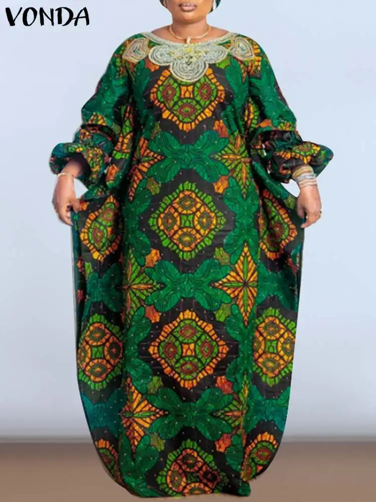 

VONDA 2024 Autumn Women Vintage Bohemian Maxi Dress Floral Printed Sundress Casual O-Neck Long Lantern Sleeve Party Vestidos