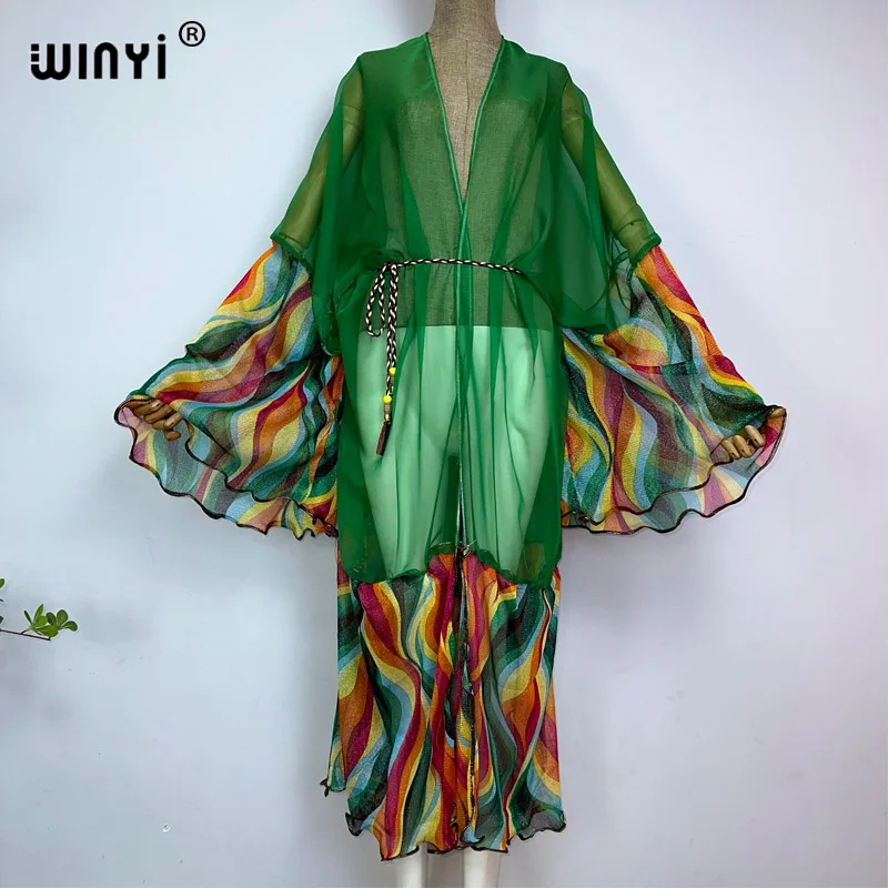 

WINYI Африканский модный принт Женское пальто длинное платье элегантное женское богемное Макси пляжное плавание сексуальное прозрачное модное кимоно