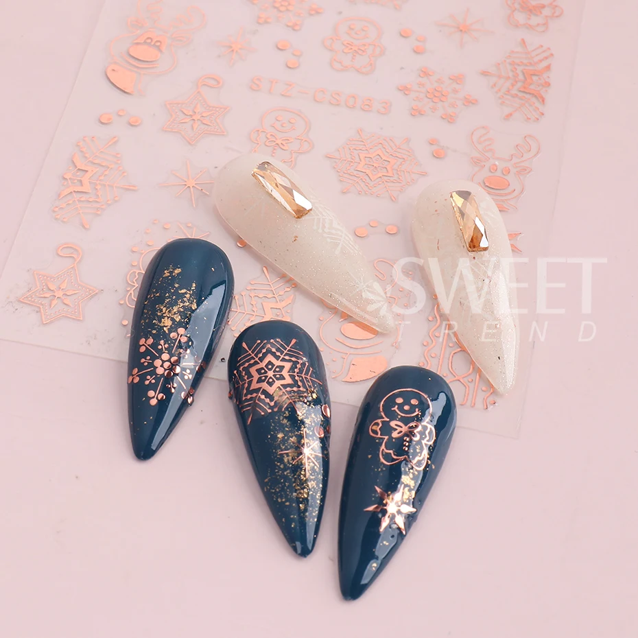 2pcs 3D White/Rose Gold Christmas Nail Sticker New Year Snowflake Decal Holographic Elk Gingerbread Man Slider Manicure Decor
