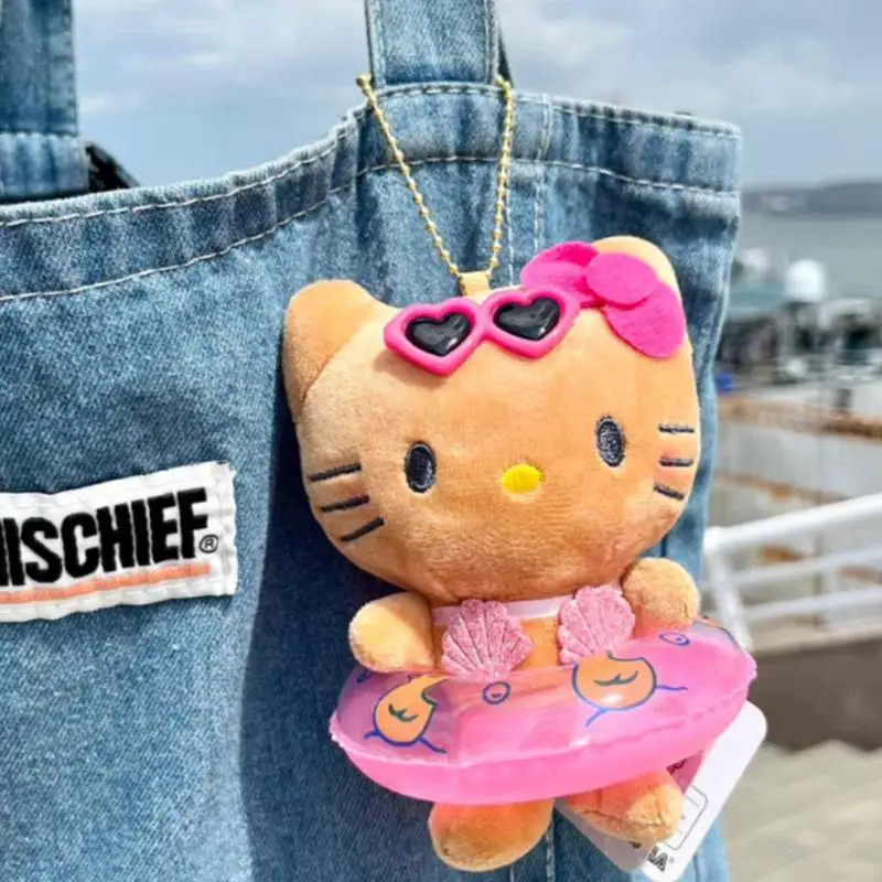 

Black Skin Hello Kitty Keychain Hawaiian Sanrio Hello Kitty Series Plush Toys Dolls Swim Ring Bag Pendant Children Girl Gift