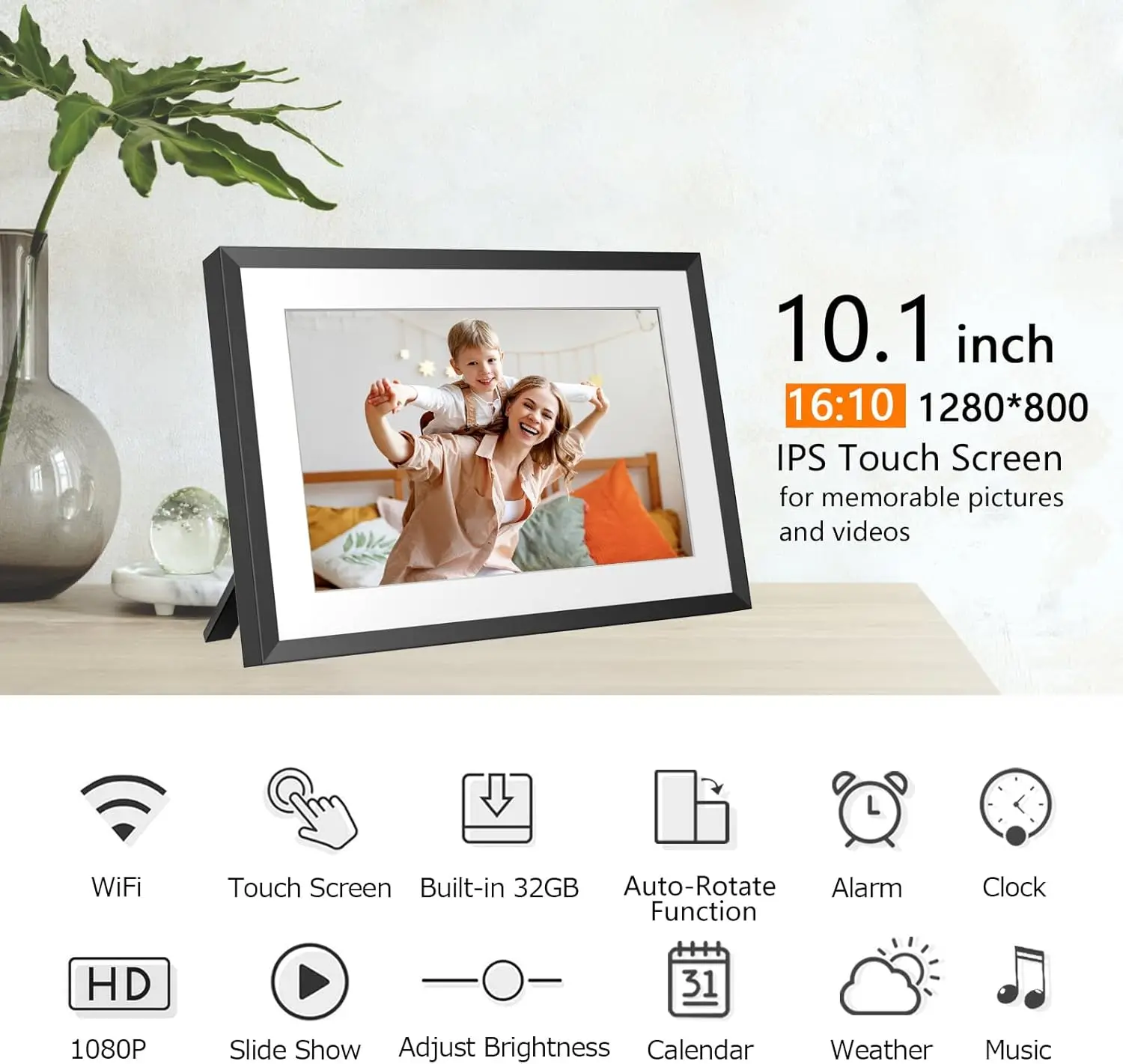 32GB 10.1 Inch WiFi Digital Picture Frame with 1280x800 HD IPS Touch Screen, Send Photo or Videos via App or Email,Support USB D view 2
