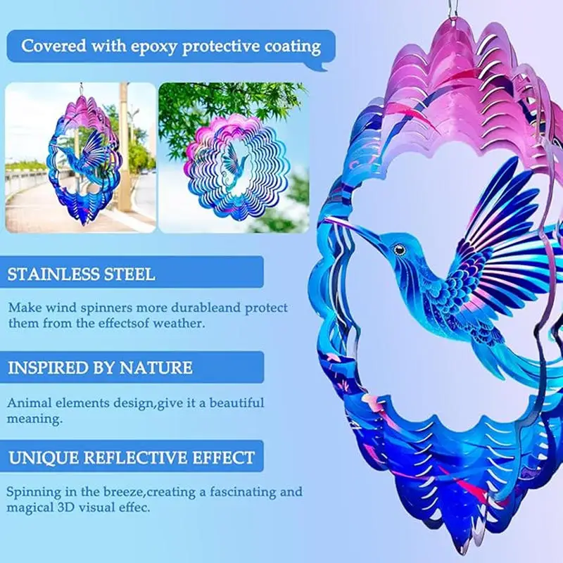 Hummingbird Wind Spinner 3D Metal Kinetic Wind Chime Hanging Unique Garden Decor Bird Wind Catcher for Outdoor Yard Art Ornament 4