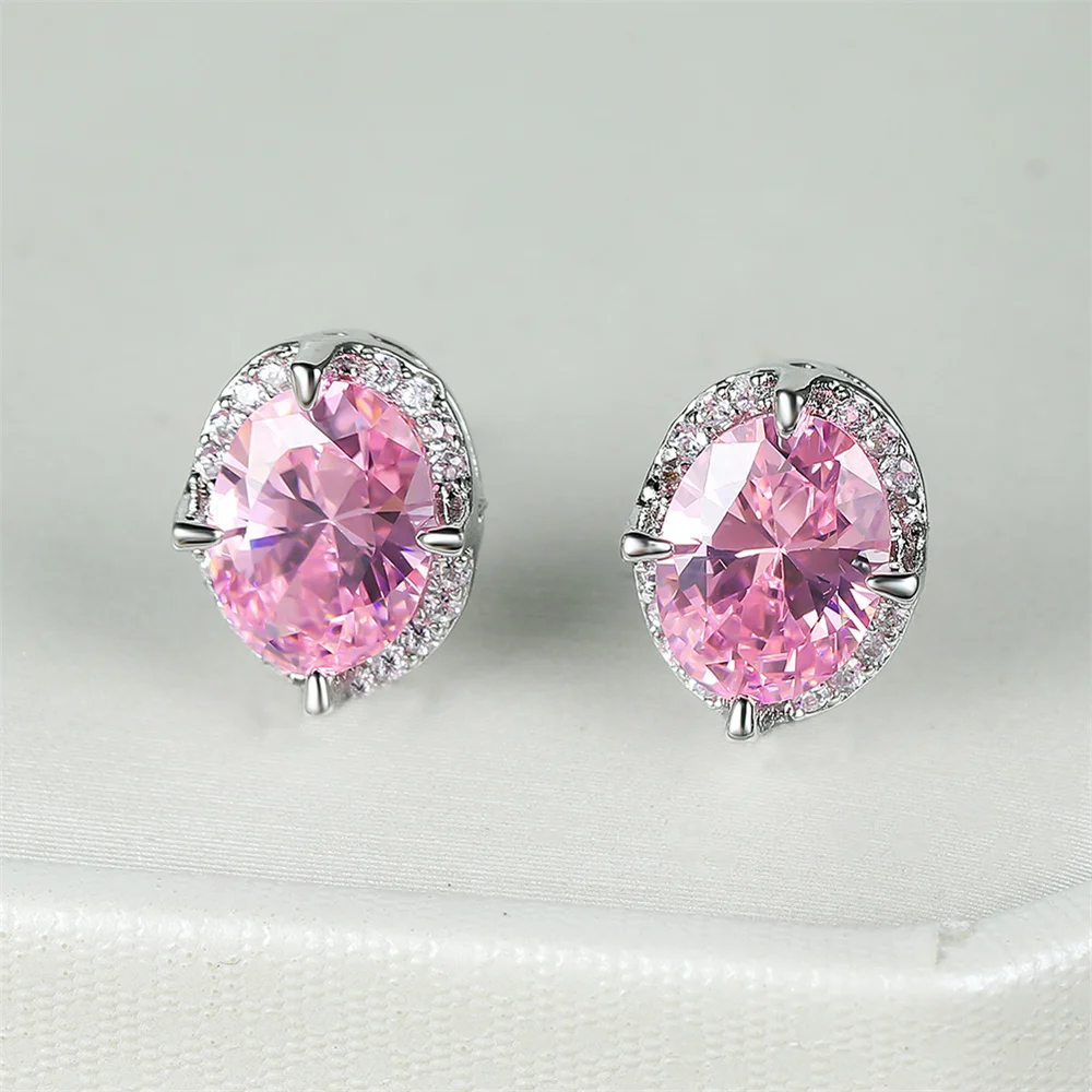 Elegant Pink Crystal Oval Stone Stud Earrings For Women Vintage Silver Color Wedding Earring Versatile Jewelry Gifts