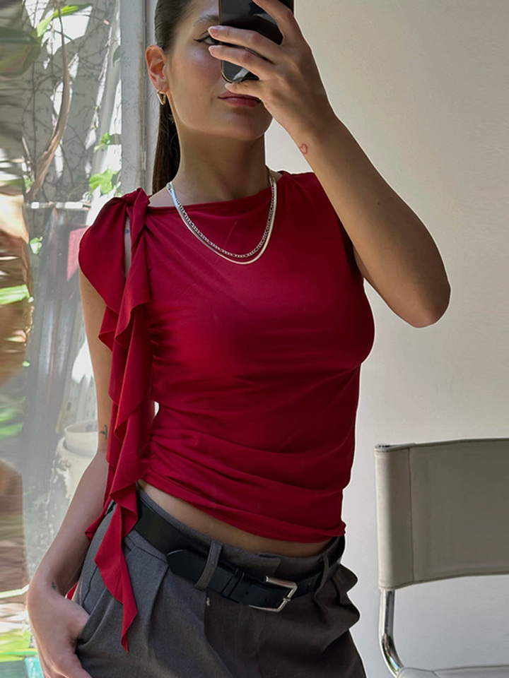 Summer Women'S Solid Color Vest Fluttering Tassel Sleeveless Slim Pullover Round Neck T-Shirt Casual Street Wear Y2K