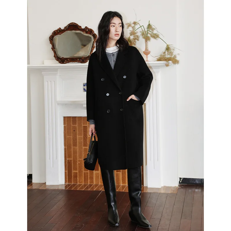

Medium length double-sided elegant ladylike woolen coat women's double breasted gold label cashmere series hand sewn cashmere