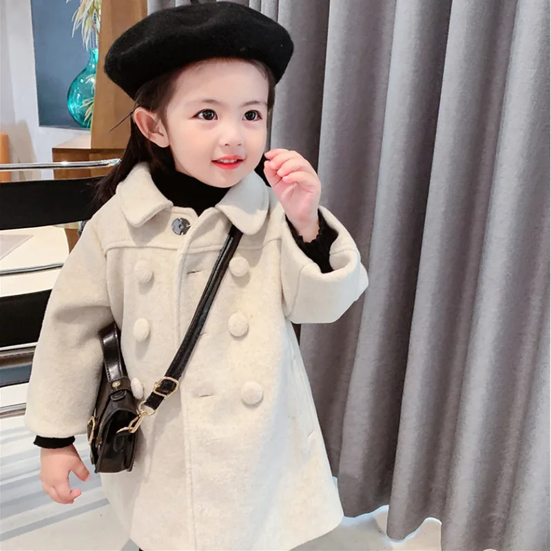 

Girls' Coat Winter New Double-breasted Woolen Coat Girls' Solid Color Quilted Thickened Top Coat Baby Girl Clothes