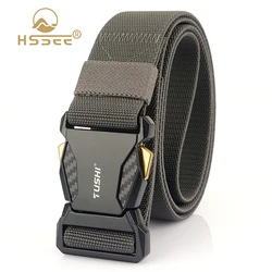 HSSEE New Tactical Belt for Men Carbon Texture Alloy Buckle Casual Elastic Belt Quick Release Military Army Girdles Male Gift