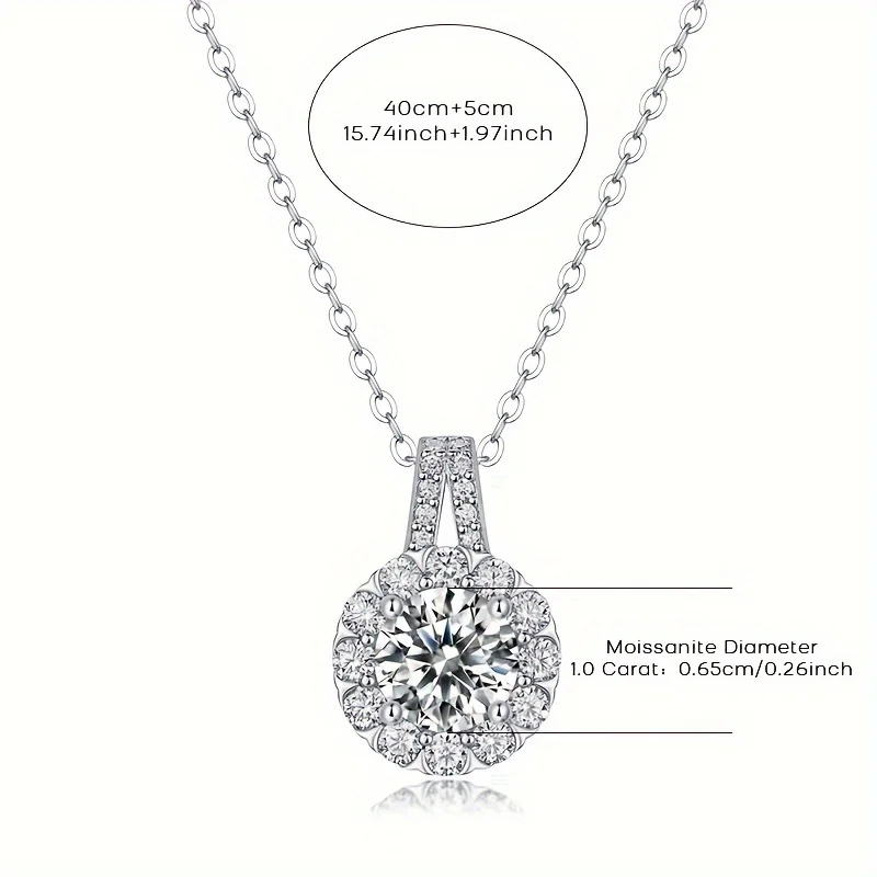 

1ct Moissanite Decor 925 Sterling Silver Round Pendant Necklace, Exquisite Clavicle Chain Jewelry, Anniversary Gift,