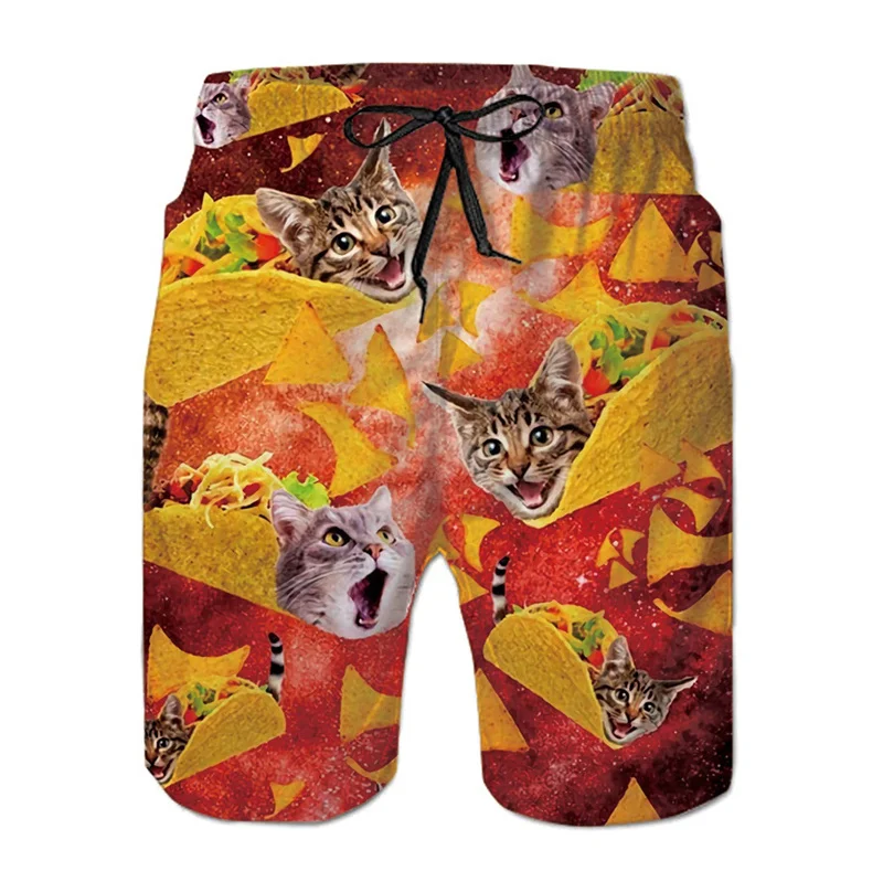 Funny Dinosaur Cat Graphics Beach Shorts Men 3D Print Animal Surfing Board Shorts Summer Hawaiian Swim Trunks Cool Ice Shorts 3
