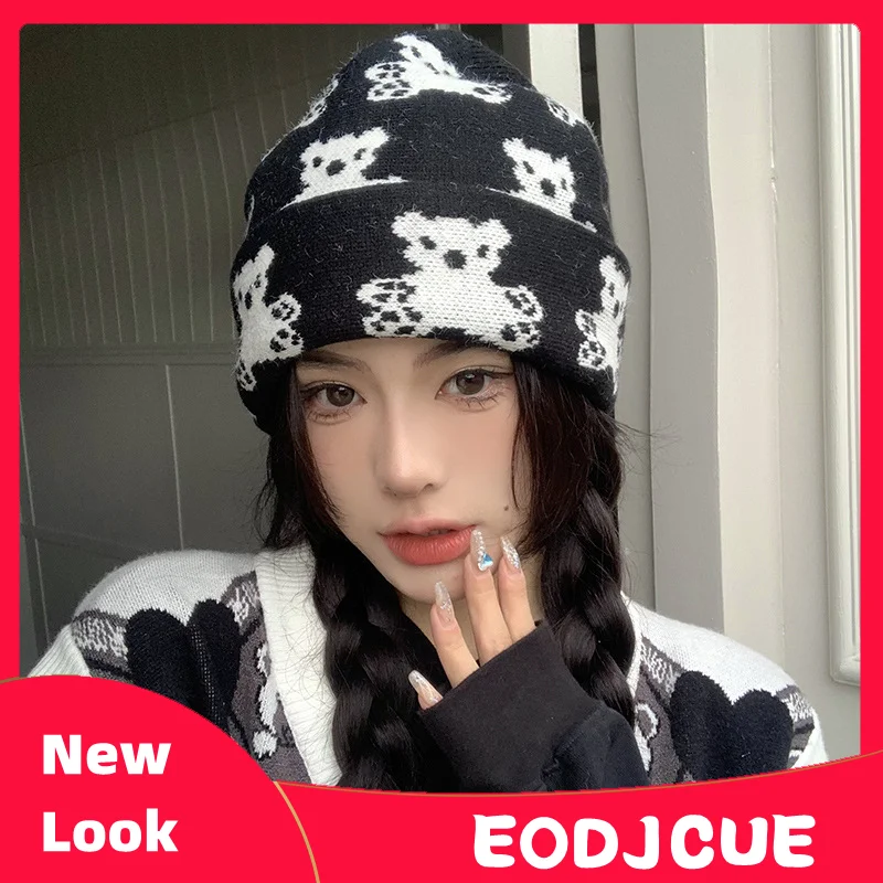 

Korean Bear Black Skull Hat Women Autumn Winter Thickened Warm Knitted Cap Versatile Casual Ear Protection Unisex Beanie Hats