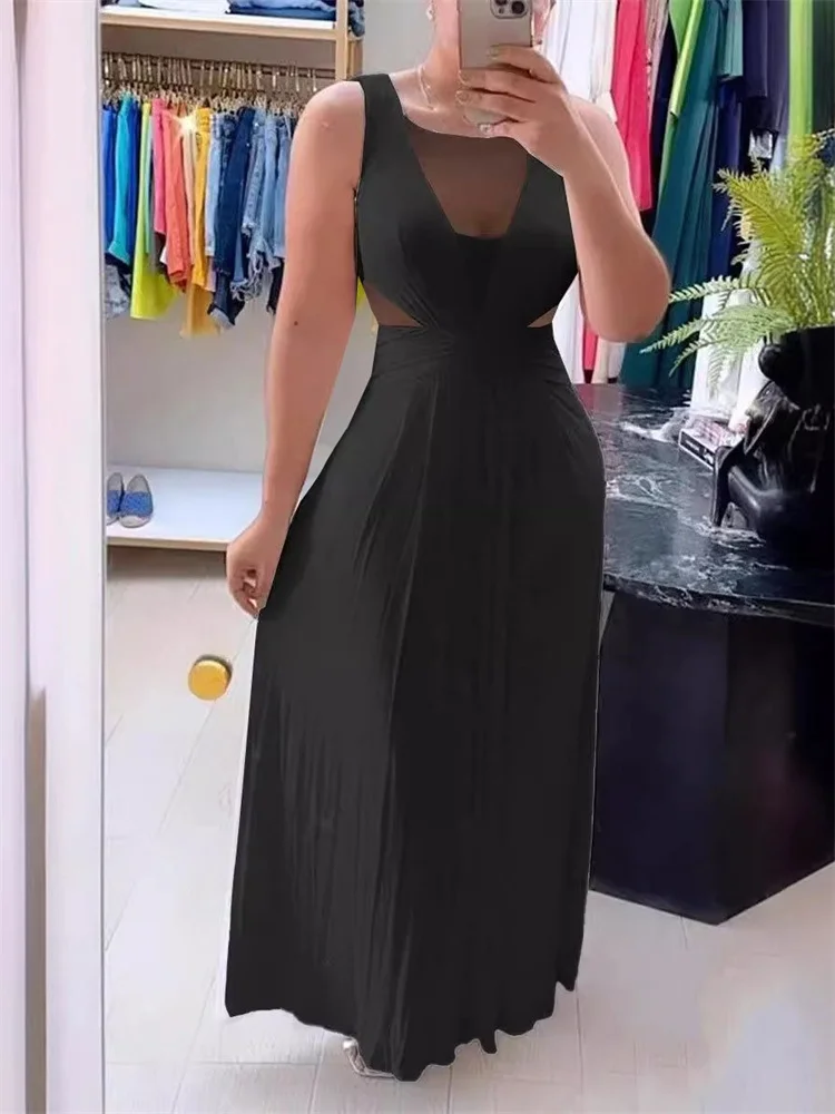 Wmstar 2024 Summer Dresses Women Sleeveless Sexy Perspective Open Back Fold Elastic Waist Pulling Dress Wholesale Dropshipping
