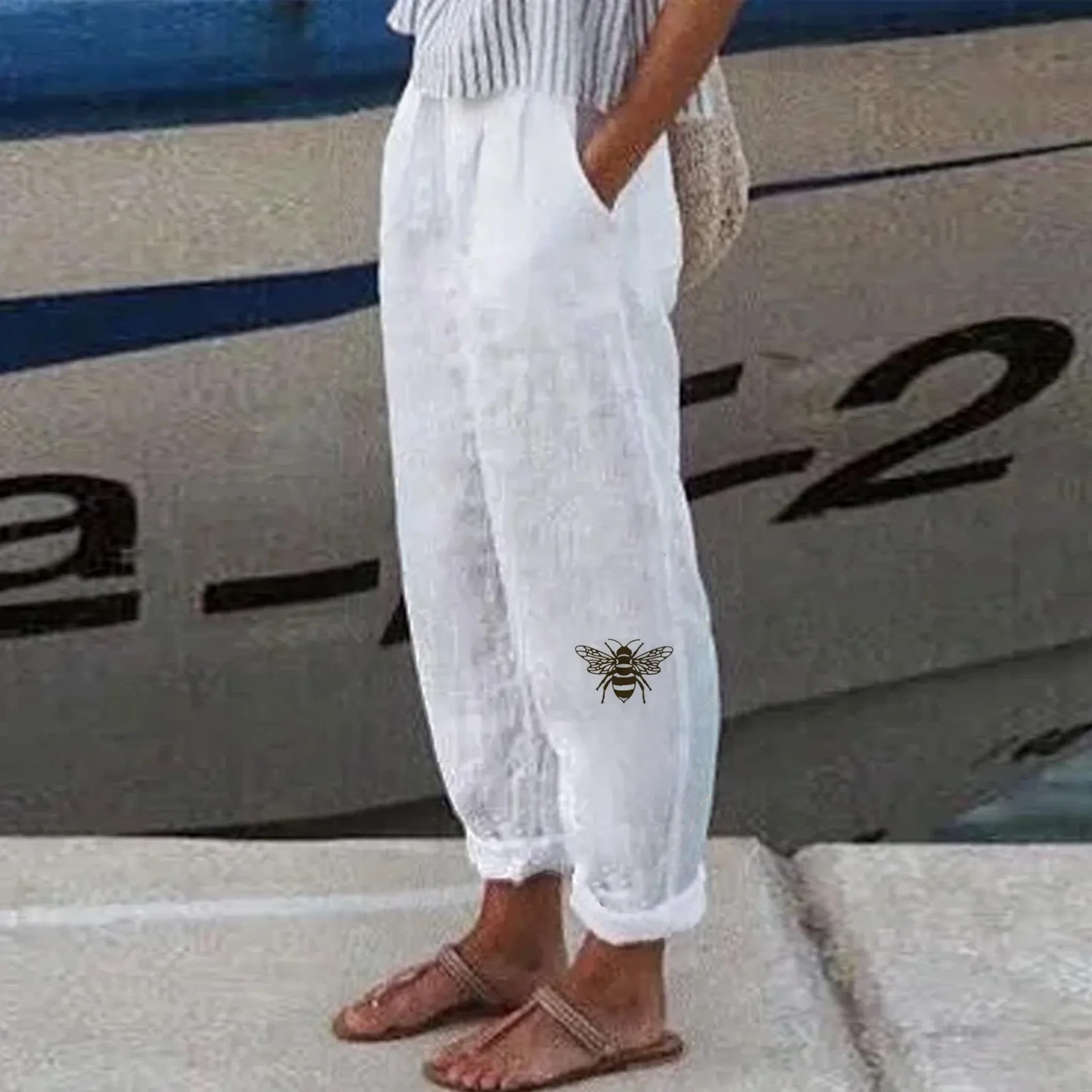 

Women Harem Pants Summer Casual Floral Vintage Cotton Linen Pants Elastic Waist Wide Leg Retro Loose Pockets Female Mom Trousers