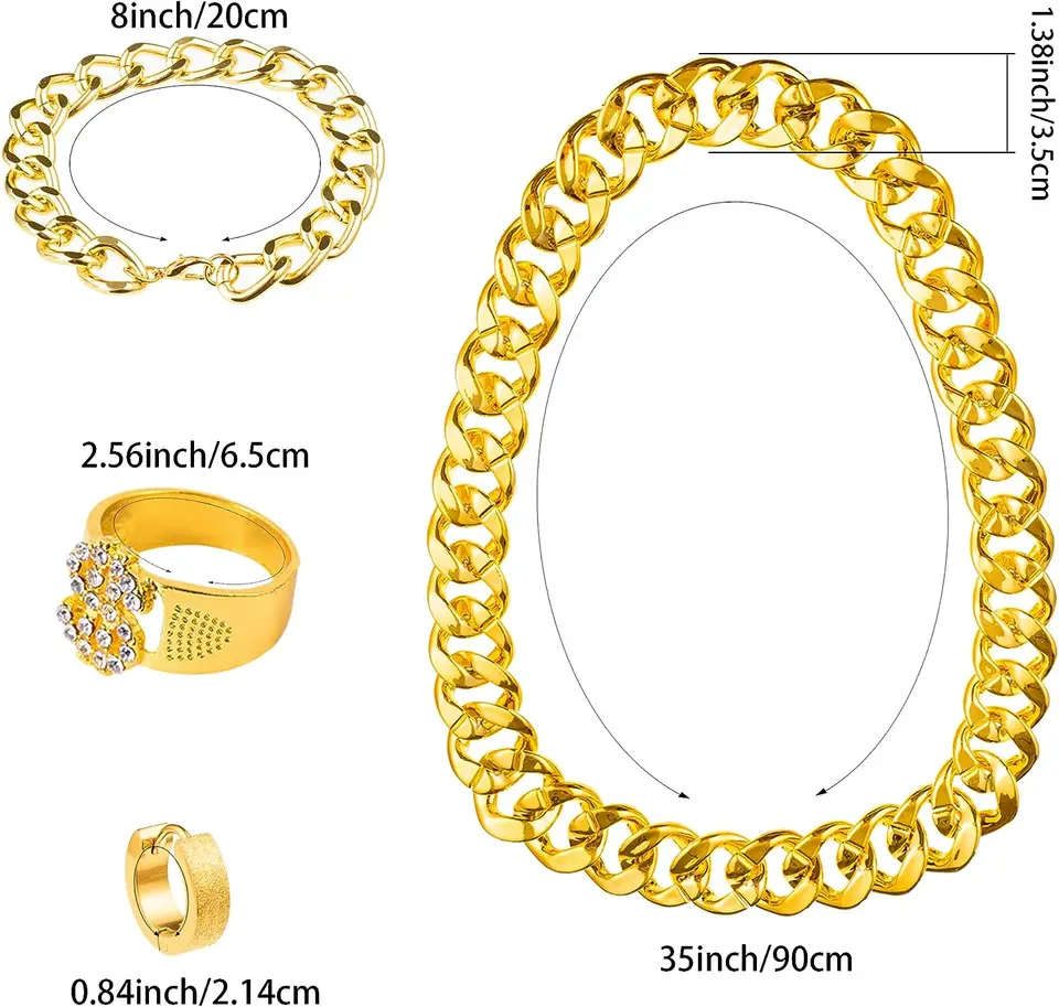 KIDOFLY Kit de Disfraces de Hip Hop de los 80s 90s Accesorios de Rapero, Cadena de Oro Falsa Cadena con Signo de Dólar Anillo Gafas de Sol Punk de Patillas Torcidas