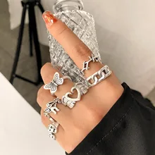 

6pcs/Set Fashion Hiphop Butterfly Rings Set Trendy Retro Punk Silver Color Cool Women Ring Set Street Style Jewelry Gift