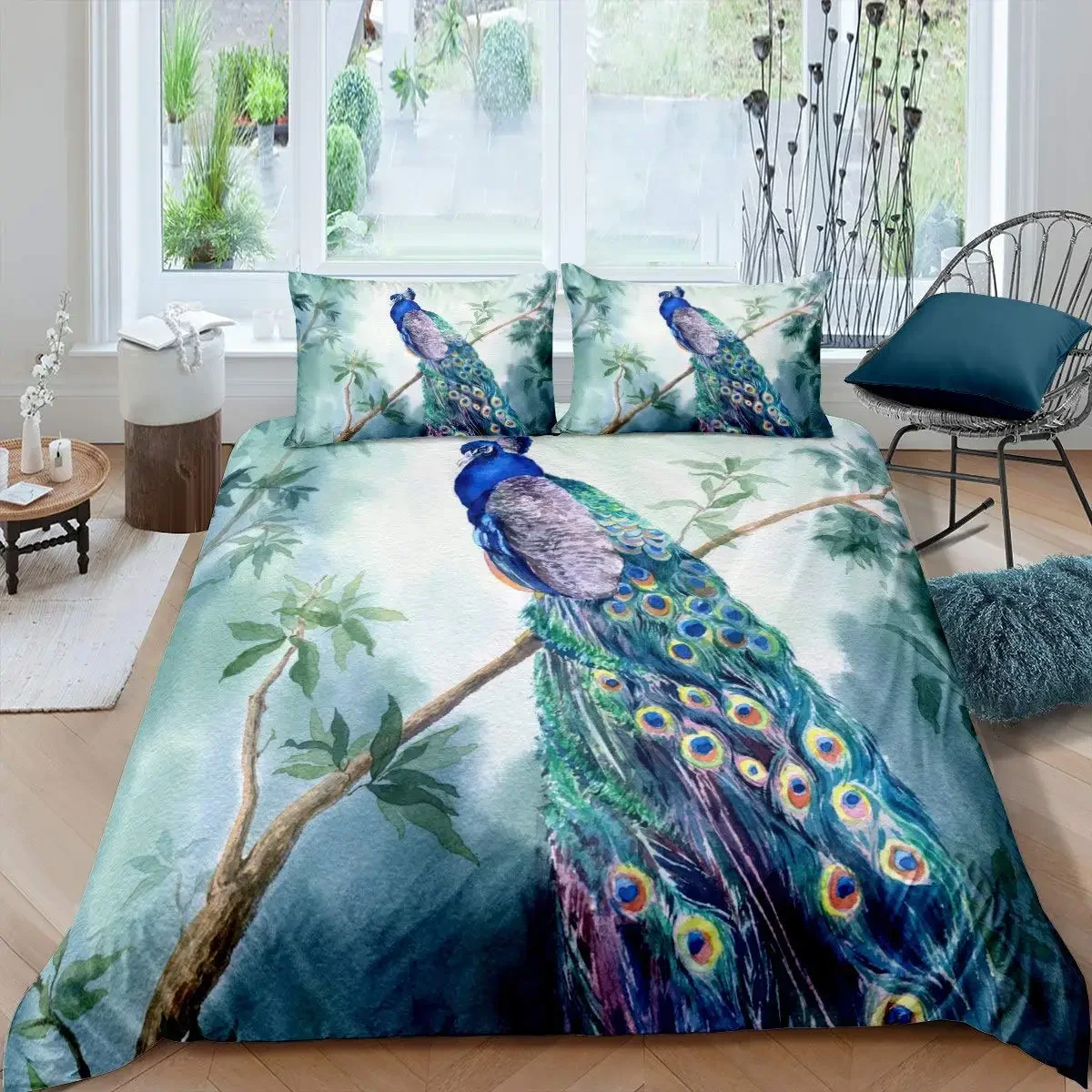 Peacock Duvet Cover Set King Size Floral Pattern Bedding Set Retro Peacock Feather Floral Theme Comforter Cover Luxury Quilt Set 3