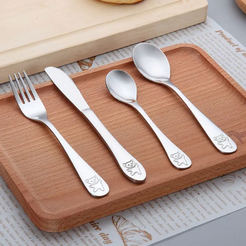 Baby Tableware Set 4 Pcs/set Baby Teaspoon Spoon Food Feeding Fork Knife Utensils Stainless Steel
