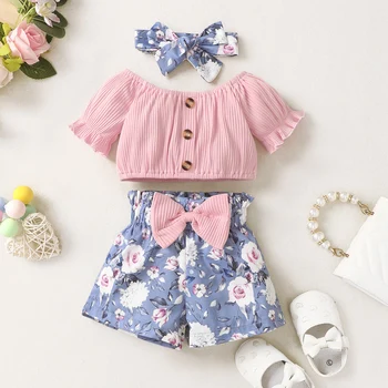 Baby girl pink round-necked button short-sleeved shirt flower print shorts suit 1