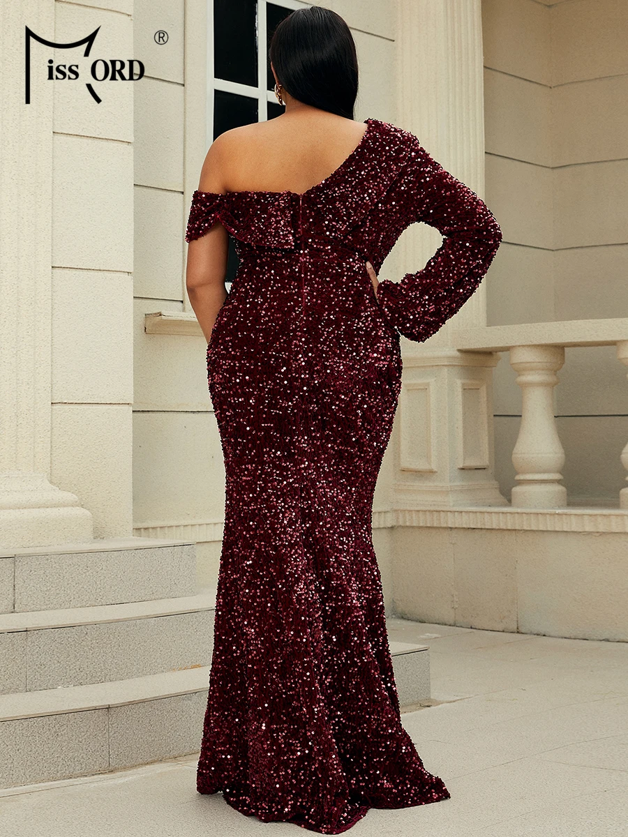 Missord Wine Sequin Plus Size Evening Dress Elegant Women One Shoulder Long Sleeve Asymmetrical Neck Party Prom Dresses Gown