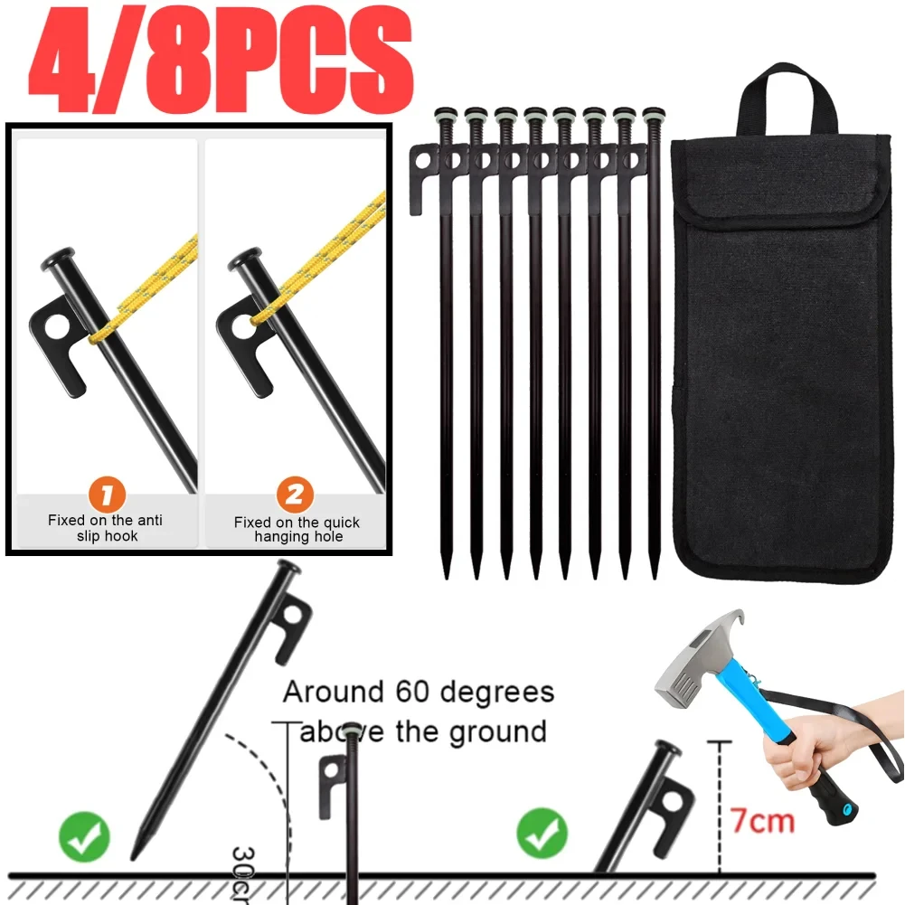 Tent Pegs 4/8Pcs Tent Stakes Forged Steel Heavy Duty Ground Anchors Storage Bag Outdoor Camping