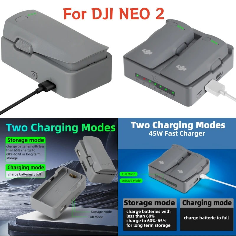 Chargeur USB-C Type A pour batterie DJI Neo2, prise en main avec câble blanc