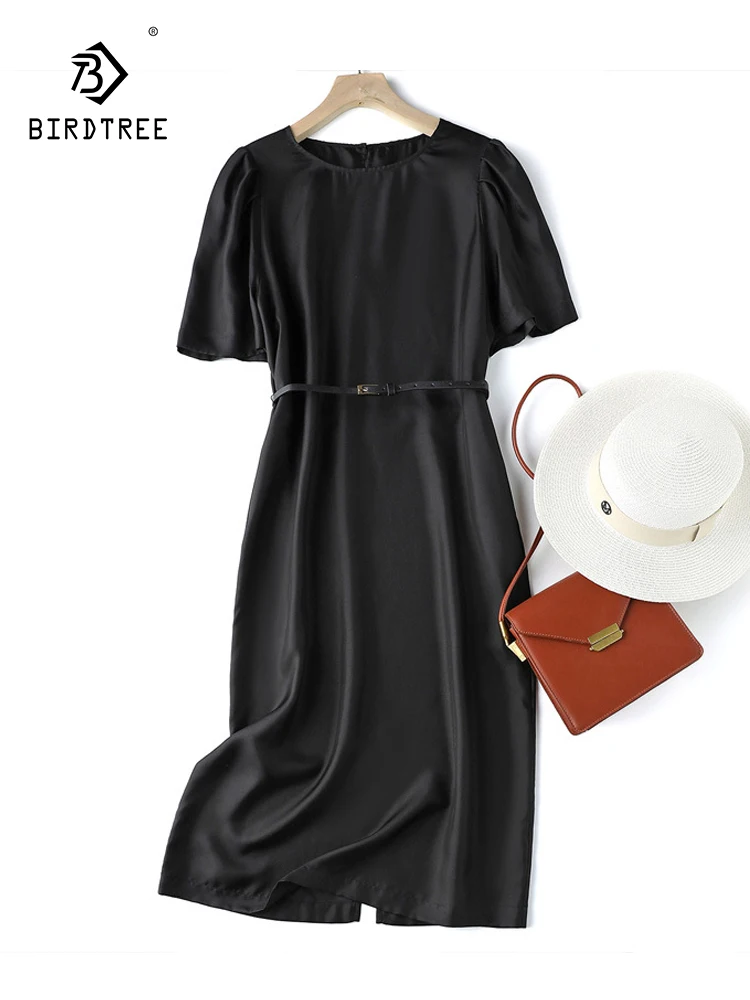 

Birdtree 22MM 100%Mulberry Silk French Elegant Dress Short Sleeve Black Belt Dresses Fashion Simple Waist Slim Clothes D37919QC