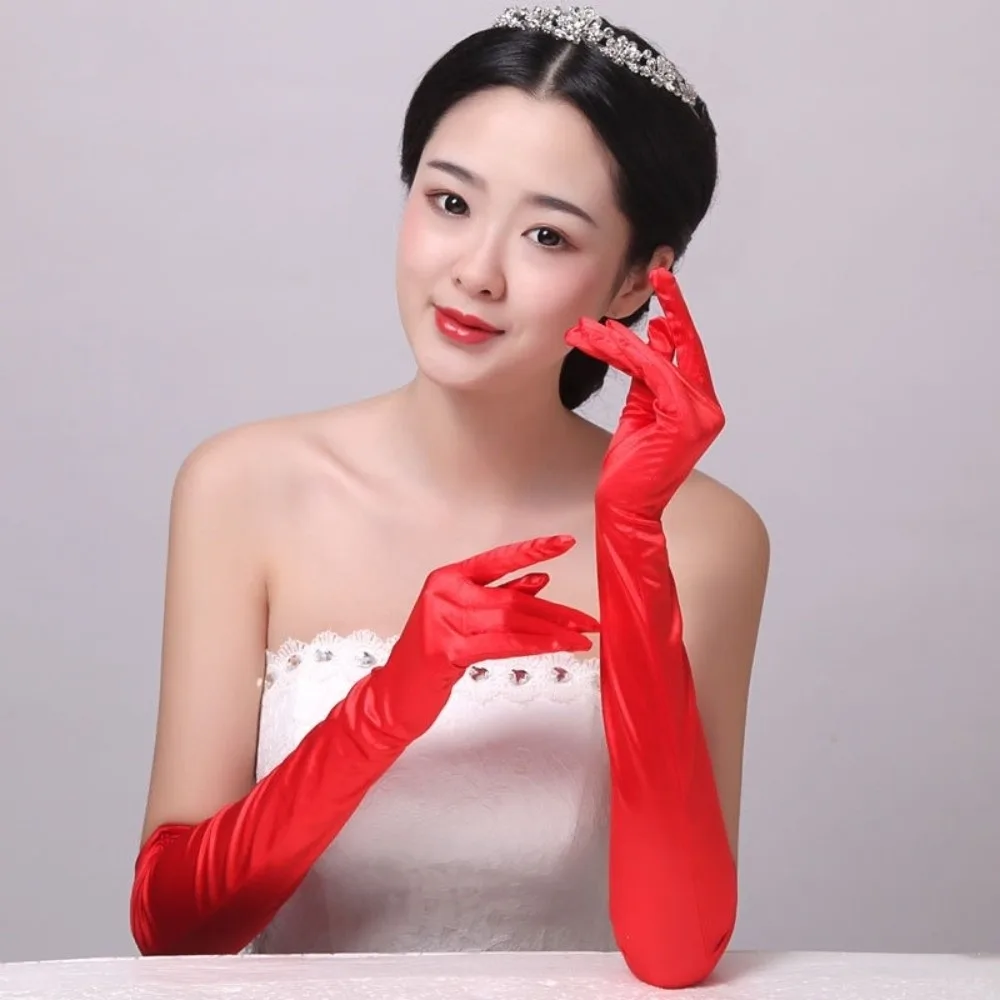 사진 촬영용 우아한 비즈 장식 신부 장갑 풀핑거 화이트 웨딩 장갑 블랙 롱 새틴 장갑 웨딩
