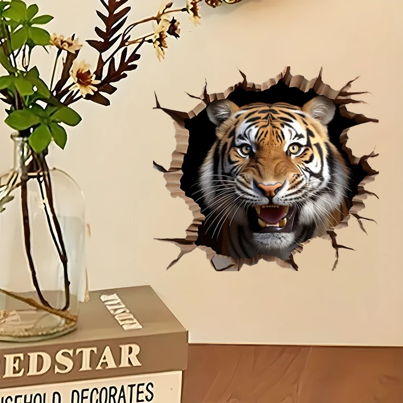 3D Tiger Self-Adhesive Wall Decal Removable Reusable PVC Sticker for Kitchen & Living Room Decor
