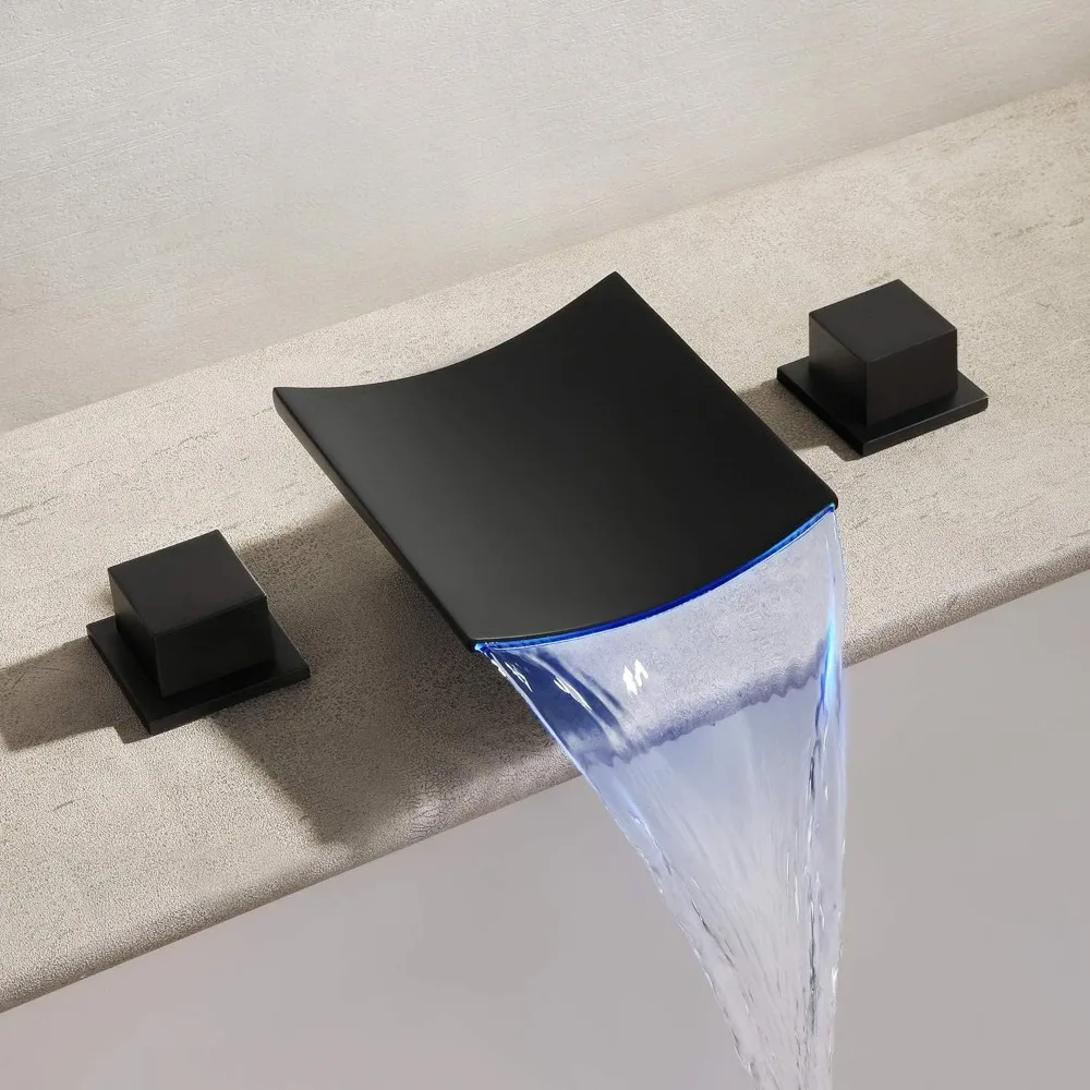 8 Inch Widespread Matte Black Waterfall Faucet Set with Light, Deck-Mounted Two-Handle Bathroom Fixture