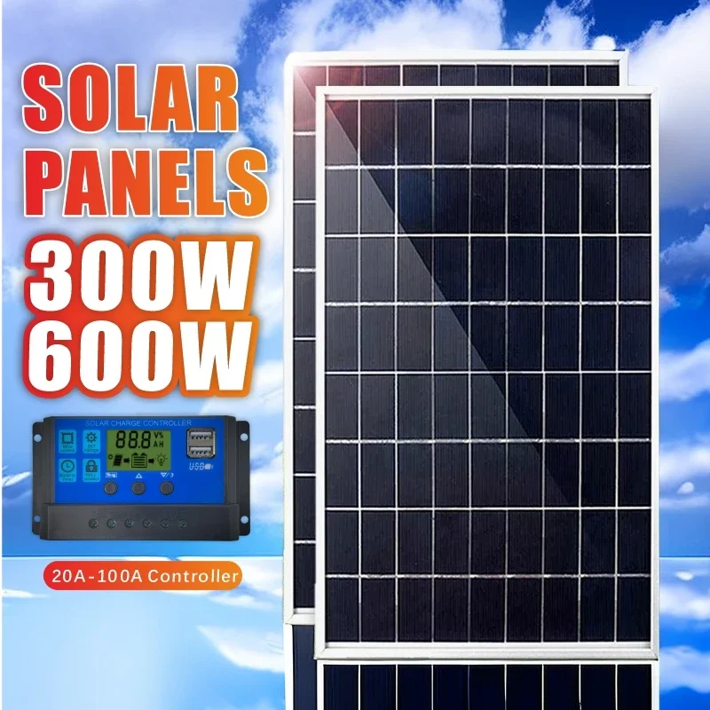 Kit pannello solare 300W/600W pannello solare 12V 100A Controller Power caricabatteria solare portatile per camper Mobile da campeggio all'aperto