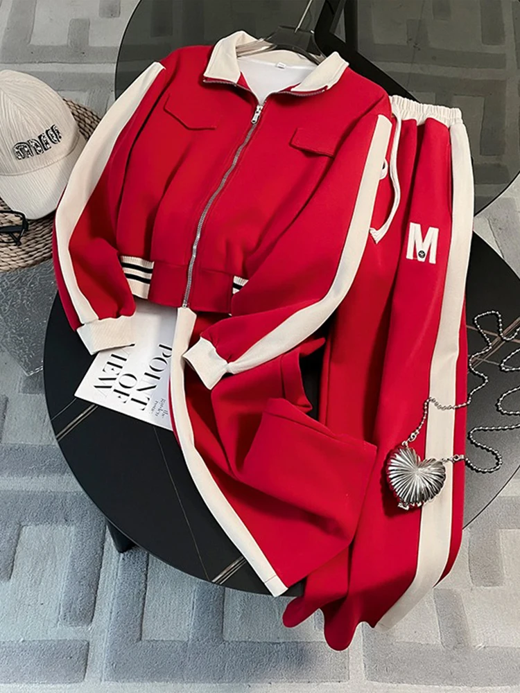 Fashion Jacket Pants Two Piece Set For Women 2023 Autumn Korean Stand Collar Zipper Coat+Casual Trousers Suit Female Tracksuit