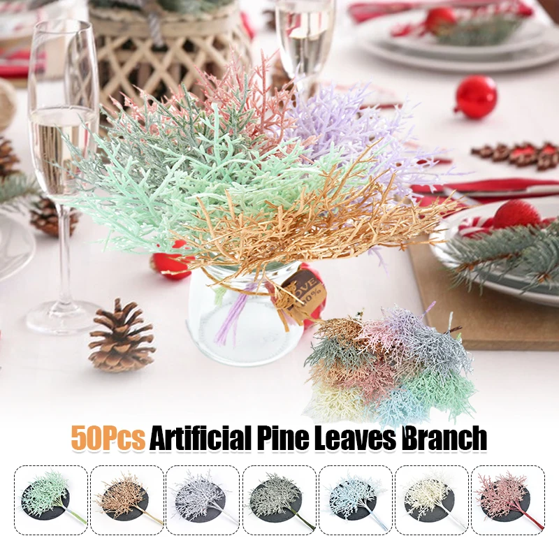 

5Pcs Artificial Christmas Flower Pine Leaves Branch Artificial Pine Needle Branches Fake Plants Party New Year Decor