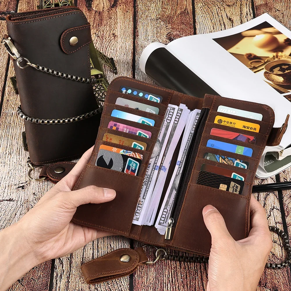 Genuine Leather Men's Long Wallet Vintage Crazy Horse Leather Wallet Multi-card RFID Purse Creative Zipper Style Wallet Men