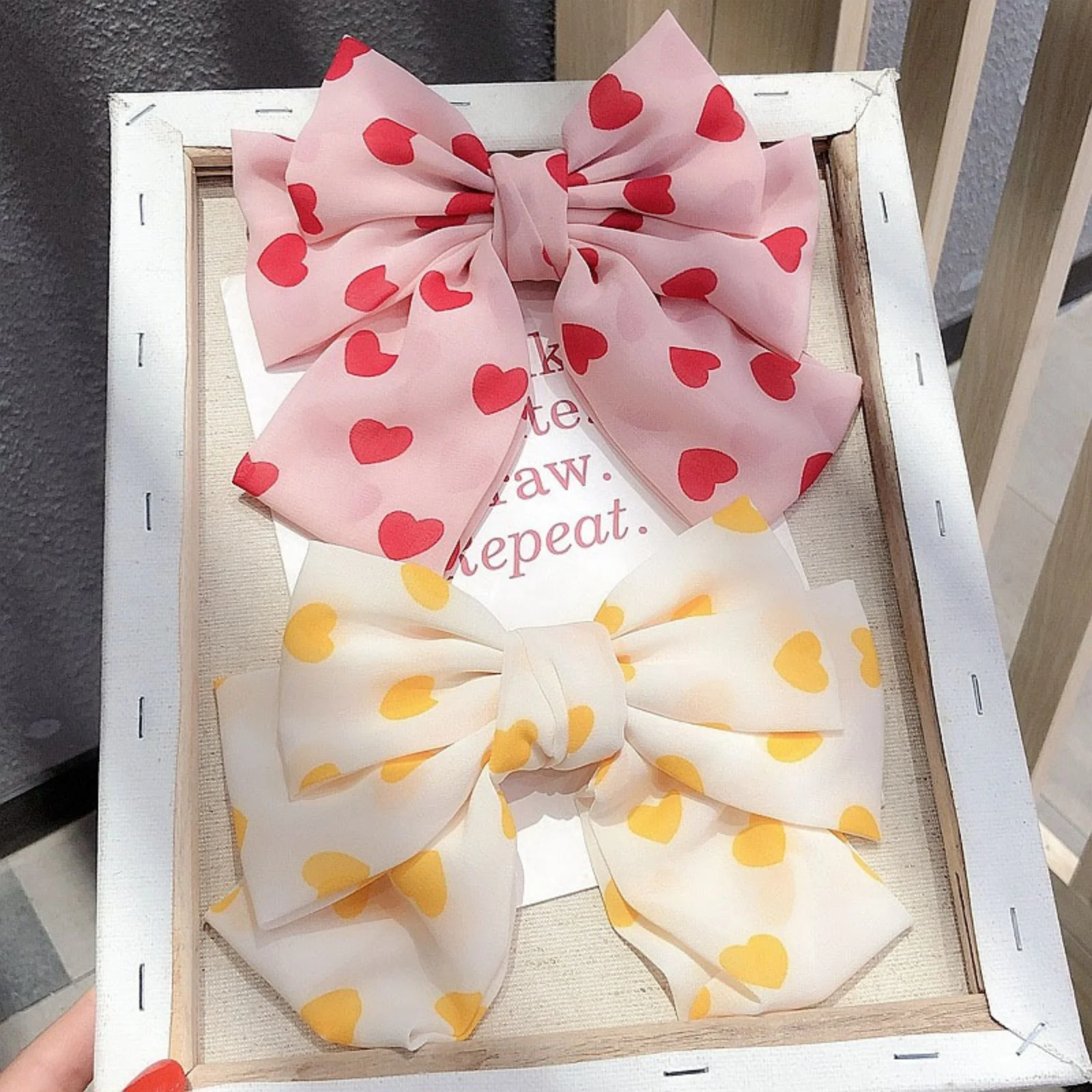 1PC Cute Bow Hair Clips With Three - Layer Design, Yellow Heart & Red Heart Patterns, Sweet Hair Accessories For Girls