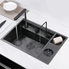 Multifunctional Black Concealed Kitchen Sink with Lid Stainless Steel Bar Built-In Vegetable Sink with Cup Wash Middle Downspout 1