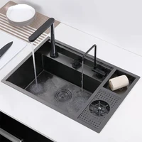 Multifunctional Black Concealed Kitchen Sink with Lid Stainless Steel Bar Built-In Vegetable Sink with Cup Wash Middle Downspout 1