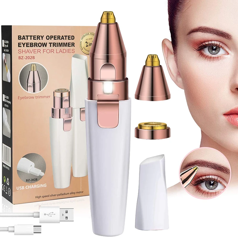 

2 In 1 Electric eyebrow trimmer USB Rechargeable hair remover women shaver LED light lady Epilator Razor face Makeup Tool