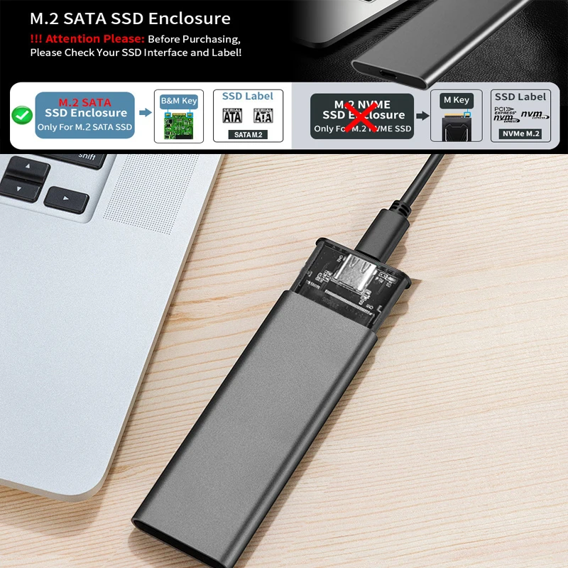 M.2 SATA SSD Enclosure Adapter USB 3.1 Gen1 5Gbps Tool Free Enclosure for B-Key B+M Key SATA NGFF SSD Size 2230/2242/2260/2280
