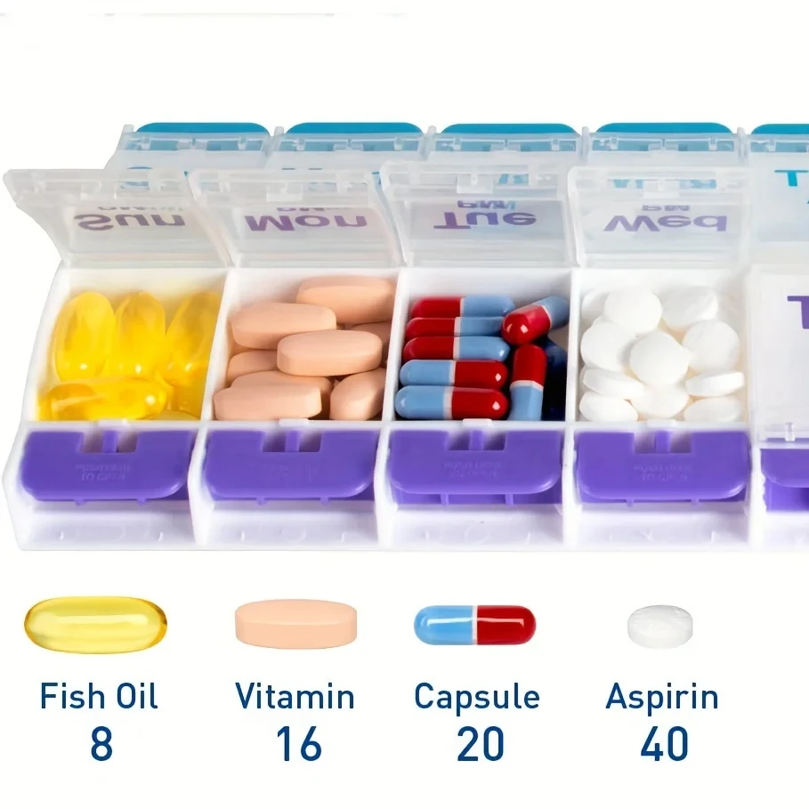 7 Day Push Button Large Tray 14-Compartment Meds Box Container Holder AM PM for Medication, Vitamin, Supplement